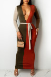 Orange Fashion Casual Patchwork With Belt V Neck Long Sleeve Dresses