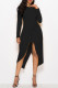 Black Casual Solid Patchwork Fold Asymmetrical O Neck Straight Dresses