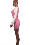 Pink Fashion Casual Patchwork Basic O Neck Long Sleeve Dresses (Without Waist Chain)