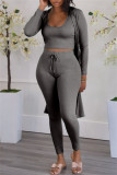 Dark Gray Fashion Casual Solid Cardigan Vests Pants U Neck Long Sleeve Two Pieces