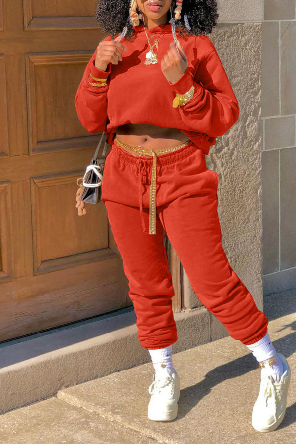 Tangerine Red Casual Solid Patchwork Hooded Collar Long Sleeve Two Pieces(Without Belt)