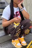 Coffee Fashion Casual Print Basic Regular High Waist Trousers