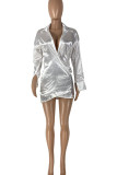 White Sexy Solid Patchwork Asymmetrical V Neck One Step Skirt Dresses