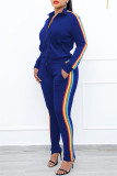 Blue Fashion Casual Striped Patchwork Zipper Collar Long Sleeve Two Pieces