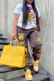 Coffee Fashion Casual Print Basic Regular High Waist Trousers