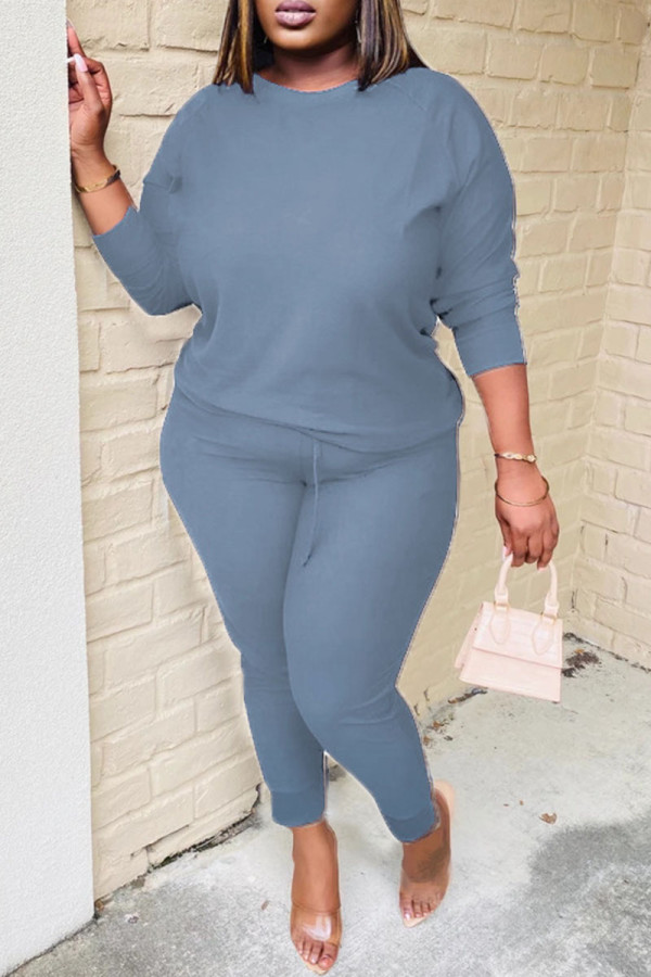 Grey Casual Solid Patchwork O Neck Long Sleeve Two Pieces