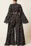 Black Brown Fashion Casual Print Bandage V Neck Long Sleeve Two Pieces