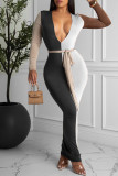 Orange Fashion Casual Patchwork With Belt V Neck Long Sleeve Dresses