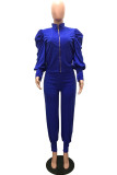 Blue Casual Solid Patchwork Mandarin Collar Long Sleeve Two Pieces
