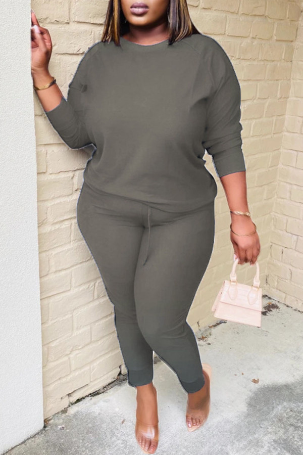 Dark Gray Casual Solid Patchwork O Neck Long Sleeve Two Pieces