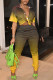 Yellow Casual Gradual Change Print Patchwork Buckle Turndown Collar Short Sleeve Two Pieces