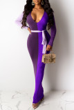 Orange Fashion Casual Patchwork With Belt V Neck Long Sleeve Dresses