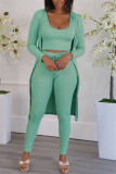 Grass Green Fashion Casual Solid Cardigan Vests Pants U Neck Long Sleeve Two Pieces