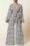 Black Brown Fashion Casual Print Bandage V Neck Long Sleeve Two Pieces