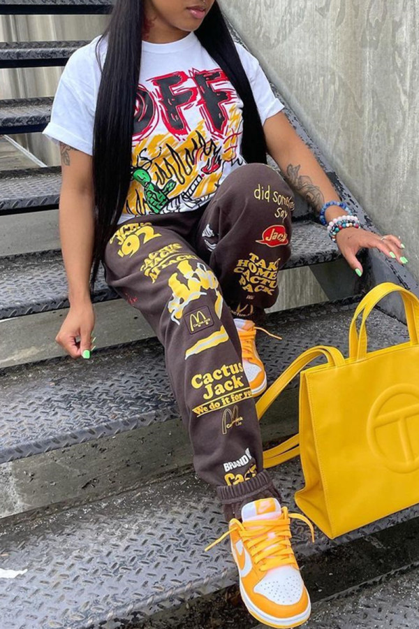 Coffee Fashion Casual Print Basic Regular High Waist Trousers