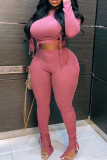 Pink Sexy Solid Patchwork Draw String Fold O Neck Plus Size Two Pieces