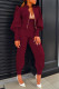Burgundy Casual Solid Patchwork Mandarin Collar Long Sleeve Two Pieces