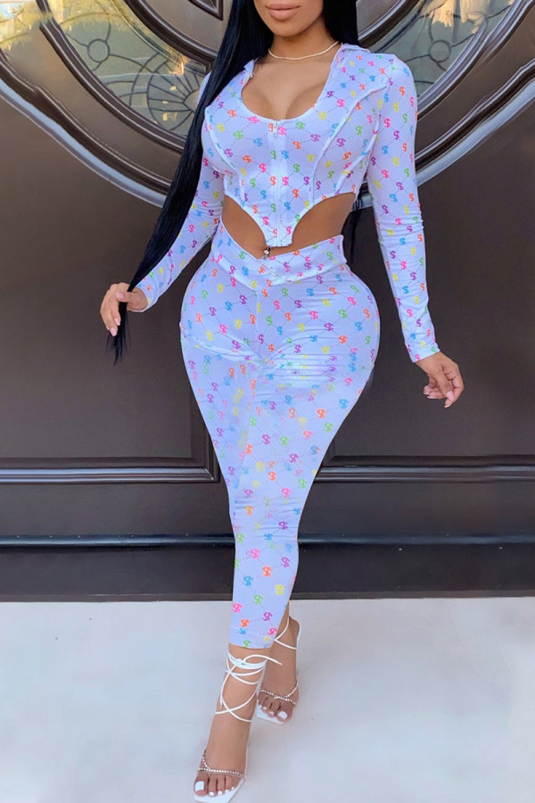 Peacock Blue Sexy Print Patchwork Asymmetrical Zipper Hooded Collar Long Sleeve Two Pieces