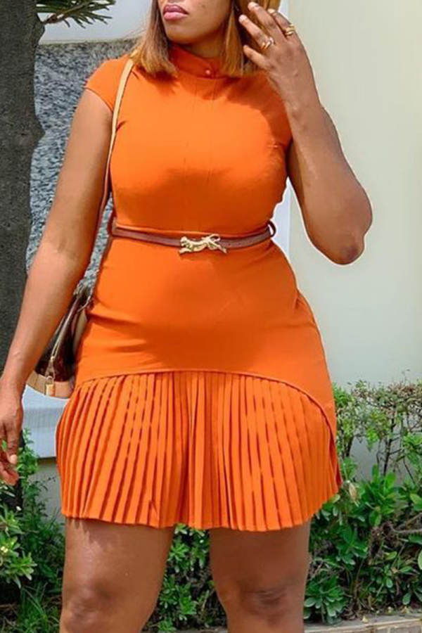 Tangerine Red Sexy Gradual Change Patchwork Half A Turtleneck Pleated Dresses (With Belt)