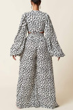 Black Brown Fashion Casual Print Bandage V Neck Long Sleeve Two Pieces