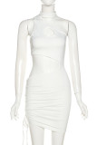 White Sexy Solid Hollowed Out Half A Turtleneck Sleeveless Dress