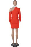 Red Fashion Casual Solid Hollowed Out Patchwork Turndown Collar Long Sleeve Dresses