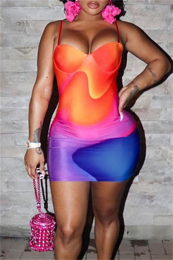 Multicolor Fashion Sexy Print Backless Spaghetti Strap Sleeveless Dress