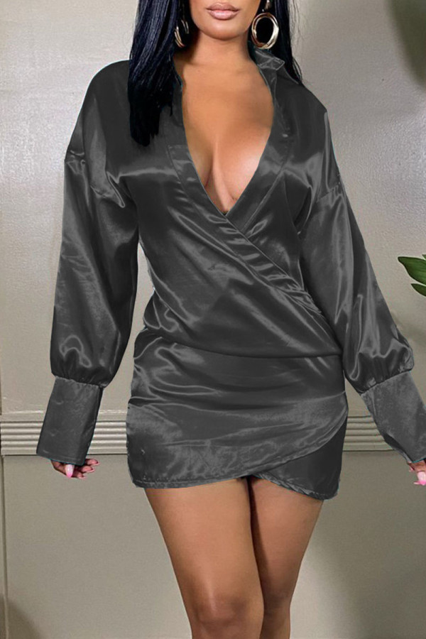 Black Sexy Solid Patchwork Asymmetrical V Neck One Step Skirt Dresses
