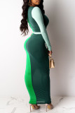 Orange Fashion Casual Patchwork With Belt V Neck Long Sleeve Dresses