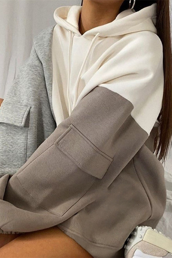 Brown Fashion Casual Patchwork Basic Hooded Collar Tops