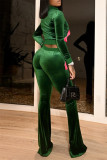 Dark Green Fashion Casual Patchwork Cardigan Pants Zipper Collar Long Sleeve Two Pieces