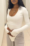 White Fashion Casual Solid Asymmetrical O Neck Tops