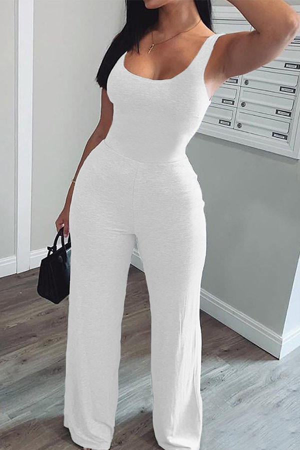 White Casual Solid Sleeveless Slip Jumpsuits