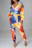Multicolor Fashion Casual Print Tie Dye Pocket V Neck Regular Jumpsuits