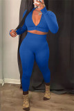 Blue Fashion Casual Solid Basic Zipper Collar Long Sleeve Two Pieces