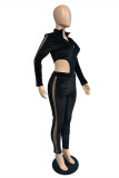 Black Sexy Patchwork See-through Asymmetrical Zipper Collar Long Sleeve Two Pieces