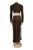 Brown Fashion Sexy Solid Hollowed Out Slit O Neck Long Sleeve Dresses (Without Waist Chain)
