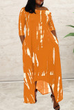 Red Fashion Casual Print Asymmetrical O Neck Long Sleeve Dresses