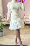 White Fashion Casual Solid Split Joint Turtleneck Long Sleeve Dresses