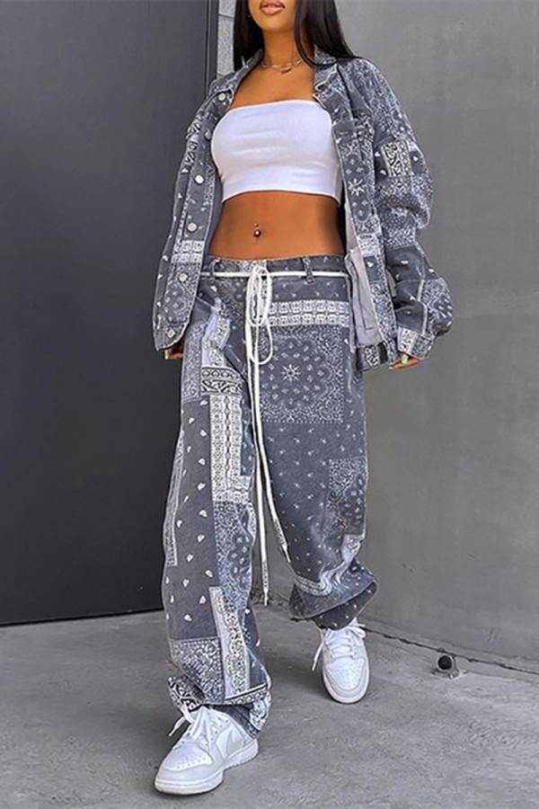 Grey Fashion Casual Print Cardigan Pants Turndown Collar Long Sleeve Two Pieces