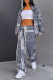 Grey Fashion Casual Print Cardigan Pants Turndown Collar Long Sleeve Two Pieces