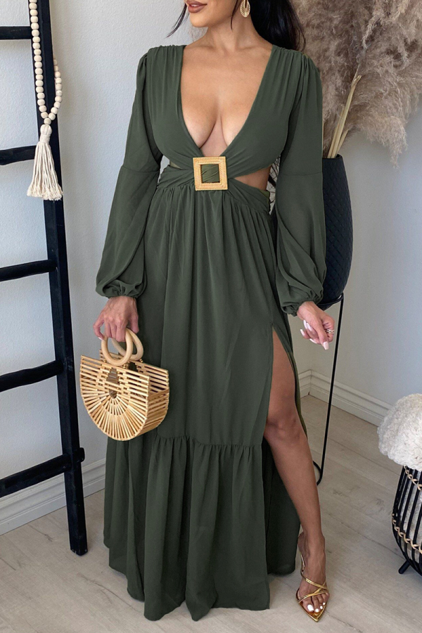 Army Green Sexy Solid Patchwork V Neck Irregular Dress Dresses