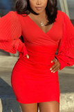 Red Sexy Solid Split Joint V Neck Wrapped Skirt Dresses