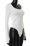 White Fashion Casual Solid Asymmetrical O Neck Tops