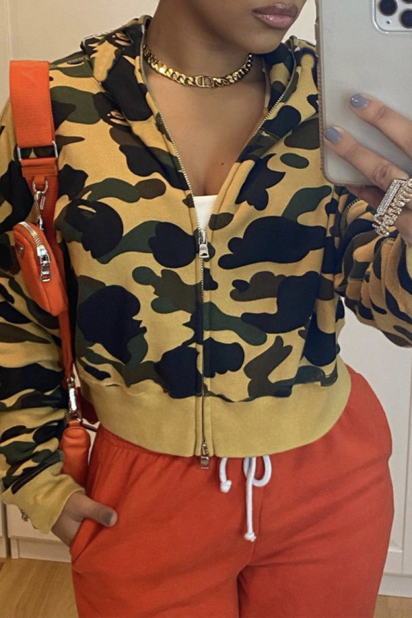Green Fashion Casual Print Patchwork Zipper Hooded Collar Outerwear