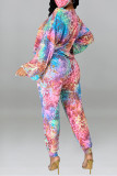 Pink Fashion Casual Print Basic O Neck Long Sleeve Two Pieces