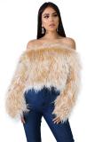 White Artificial fur One word collar Long Sleeve Solid Long Sleeve Tops