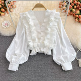 White Casual Sweet Solid Split Joint Flounce V Neck Tops