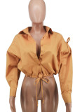 Yellow Casual Solid Split Joint Buckle Turndown Collar Tops