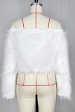White Artificial fur One word collar Long Sleeve Solid Long Sleeve Tops
